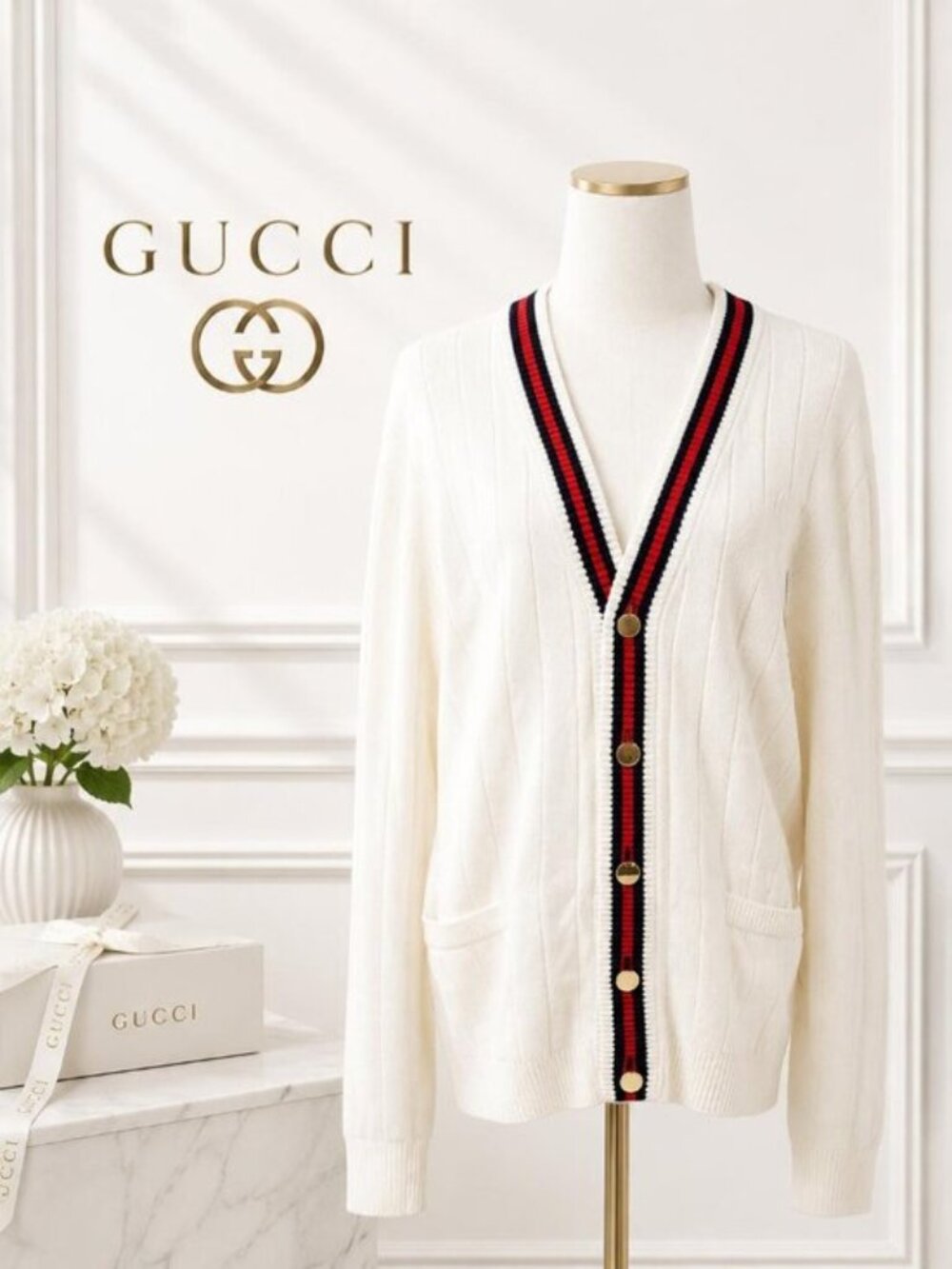 Gucci Web Stripe V-Neck Cardigan Ivory Red Navy Gold Button Luxury Sweater